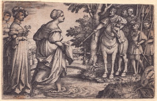 Królowa Saby odmawia przejścia przez drewniany most, 1532 ok., Georg Pencz