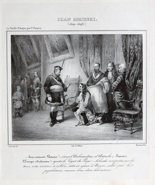 rysował; FREDERIC SORRIEU, litografował, POSEŁ AUSTRIACKI I NUNCJUSZ APOSTOLSKI U JANA III SOBIESKIEGO (1683), 1833, Jules David