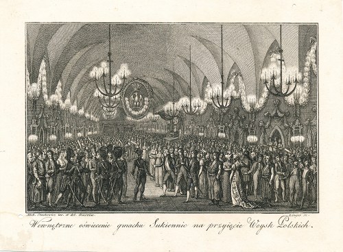 rysował; SEBASTIAN LANGER, rytował, WEWNĘTRZNE OŚWIECENIE GMACHU SUKIENNIC NA PRZYJĘCIE WOJSK POLSKICH, 1822, Michał Stachowicz