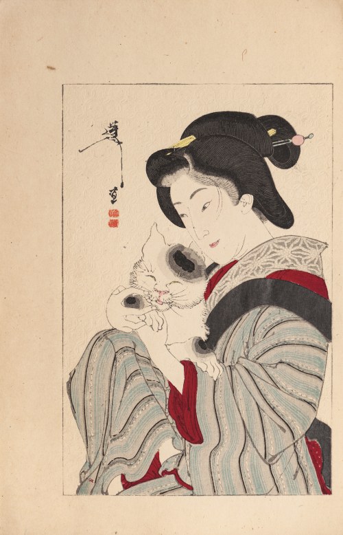 Geisza z kotkiem, Tokio, 1890, Watanabe Seitei