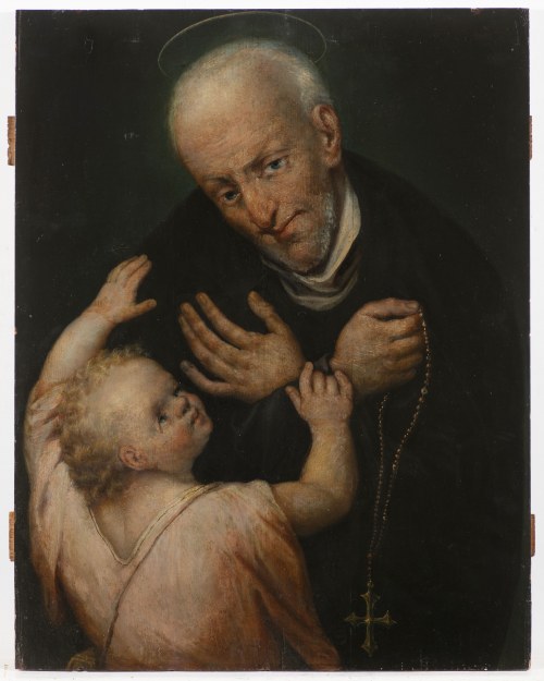 Włoski malarz prawdopodobnie XVII w. Święty z Dzieciątkiem Jezus, Włoski malarz prawdopodobnie XVII w.