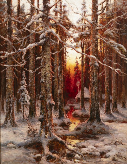 Julius Sergius von Klever (1850-1924) Las zimą o zachodzie słońca, Julij Klewer