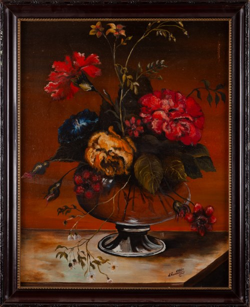 Kwiaty w szklanym wazonie, według starych mistrzów, 1984, L. Lorecki
