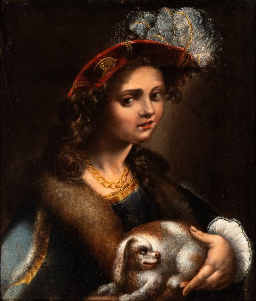 Portret szlachcianki w kapeluszu, futrze i z małym psem, Pseudo Caroselli