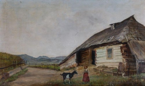 DZIEWCZYNKA Z KOZĄ PRZED CHATĄ, Władysław Jan Pochwalski
