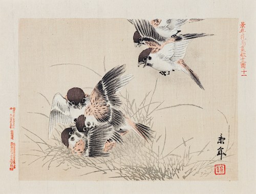 Bawiące się wróble, Osaka, 1892, Imao Keinen