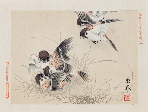Bawiące się wróble, Osaka, 1892, Imao Keinen