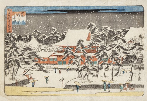 Śnieg w świątyni Zôjô-ji w Shiba, (Shiba Zôjô-ji setchû), z cyklu Edo meisho mittsu no nagame, 1840-1843, Utagawa Hiroshige