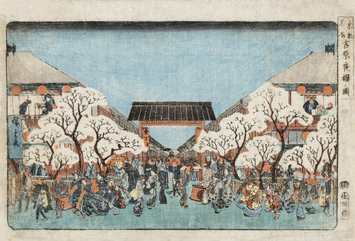 Kwitnące wiśnie w nocy w Yoshiwara (Yoshiwara yozakura no zu), z cyklu Sławne miejsca w Wschodniej Stolicy (Tôto meisho), 1835-1838, Utagawa Hiroshige