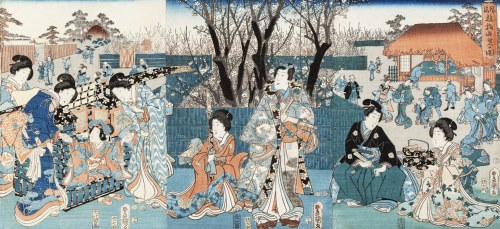 Książe Genji w ogrodzie, 1853 [tryptyk], Utagawa Kunisada