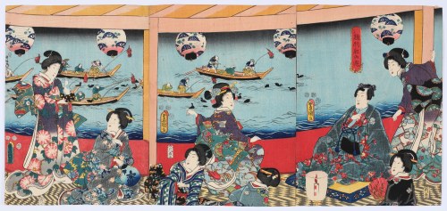 Książe Genji i połów czarnych kaczek, 1852, Utagawa Kunisada