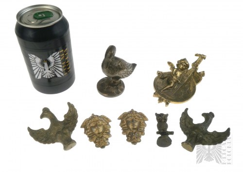 Amor z Lutnią, Sowa, Głowa Meduzy (x2), Orzeł Biały (x2), Zestaw Vintage Mosiężnych Figurek: Kaczka