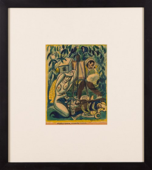 Martwa natura, modelka i malarz, 1948, Władysław Żurawski