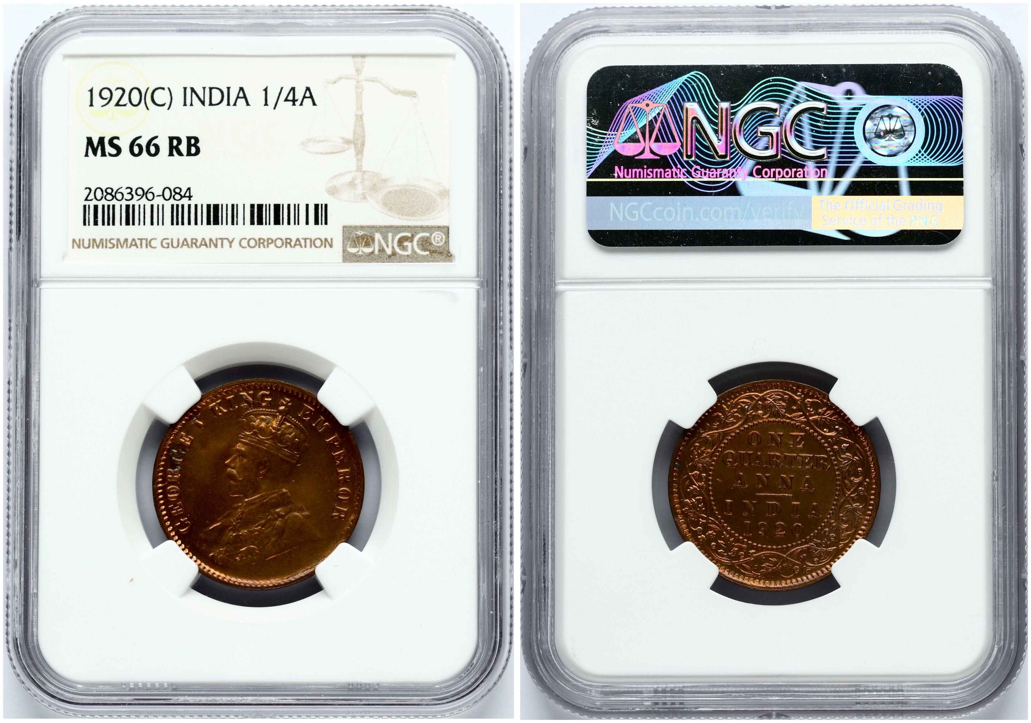 British India 1/4 Anna 1920 C NGC MS 66 RB - Online auction