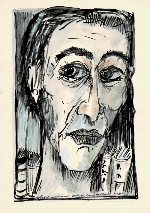 Paryski antykwariusz zerkajacy spomiędzy książek, 1995, Andrzej Maziarski