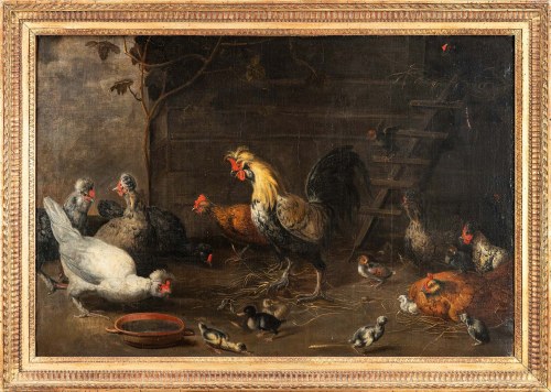 Kogut z kurą i pisklętami [Podwórze z kurami], lata 60. XVII w., Melchior de Hondecoeter
