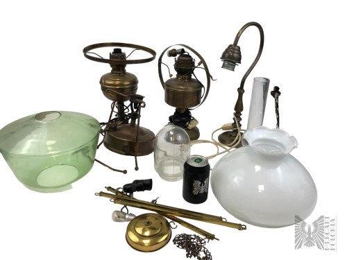 Dwie Lampy, Palnik Kuchenka Primus, Klosze do Lamp Naftowych, Duży Zestaw Zelektryfikowanych Lamp Naftowych