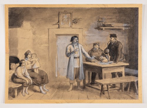 Transakcja w wiejskiej chacie, 1902, Walery Eljasz Radzikowski