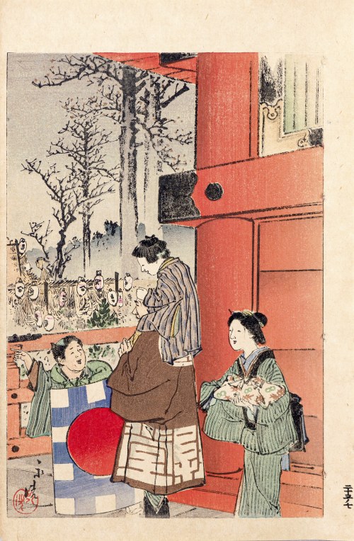 Rodzina przed świątynią, Tokio, 1893, Tomioka Eisen