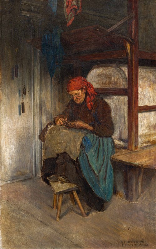 beim Ofen nähend, Theodor Josef Ethofer