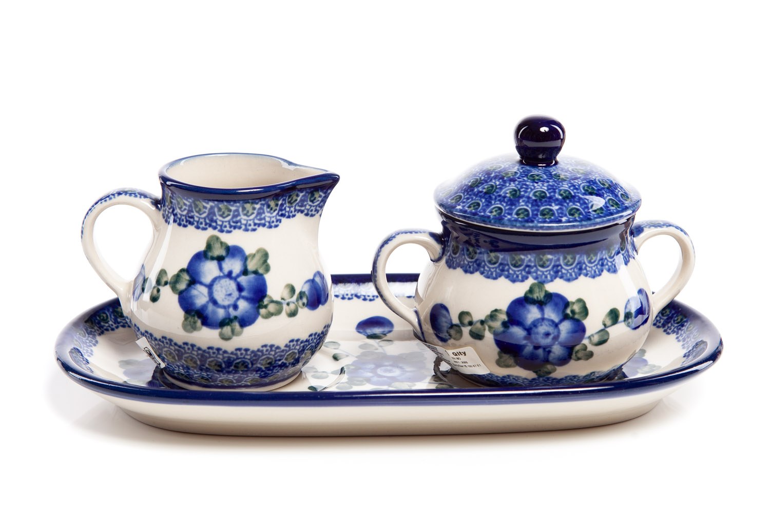 Hand good painted polish pottery Creamer and Sugar with Tray