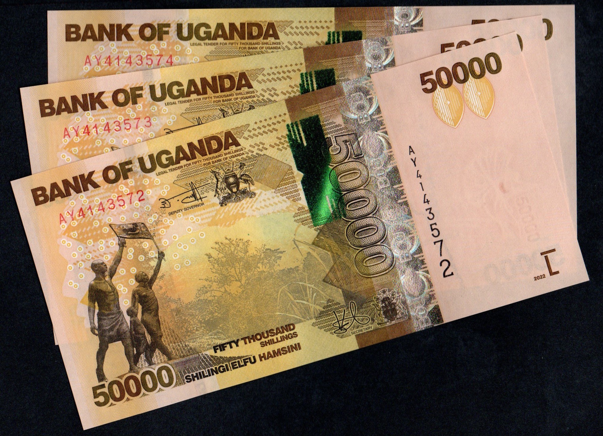 Uganda. 50000 Shillings 2022 3 Consecutive Banknotes - Online auction /  Online bidding - Price - OneBid