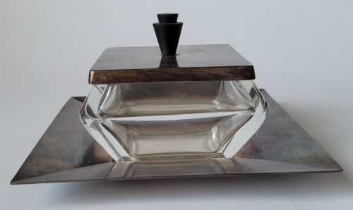 Bracia Henneberg. Maselniczka Art Déco Z Pokrywką, uchwyt hebanowy, plater, wkład szklany bez uszkodzeń, Bracia Henneberg