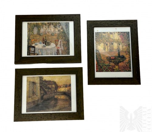 “Stół i Dom”, “Most w Gisors”: Trzy Małe Reprodukcje w Drewnianych Ramkach, Henri Le Sidaner