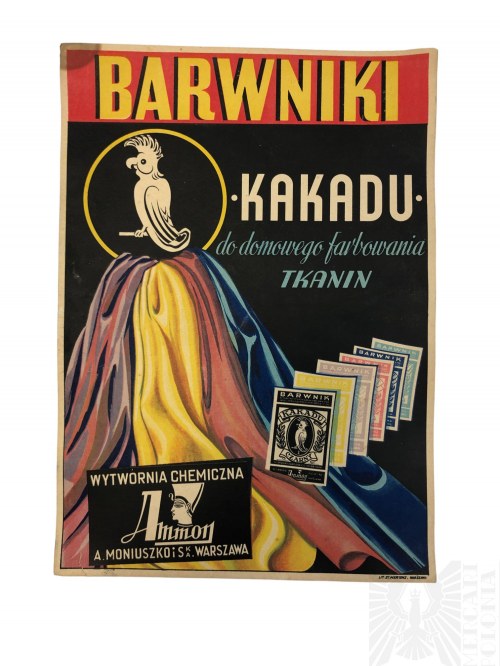 Warszawa - Plakat Reklamowy Barwniki do Tkanin Kakadu, Firma Ammon A. Moniuszko i S-ka, II RP