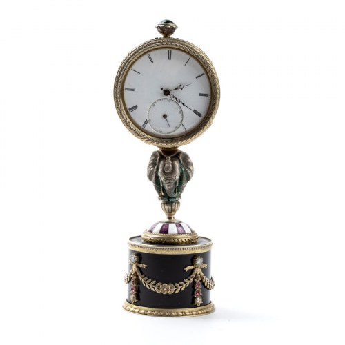FABERGÉ CARL (firma_di) Pozłacany zegar stołowy ze srebra i emalii, Peter Carl Fabergé