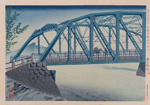 Widok na most kolejowy w świetle księżyca, 1939/1940, Tomikichirō Tokuriki