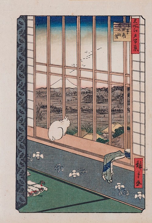 wyd. Yoshikawa Kobunkan, Biały kot i widok na pola ryżowe, z cyklu „100 słynnych widoków Edo”, Tokio, 1918, Utagawa Hiroshige