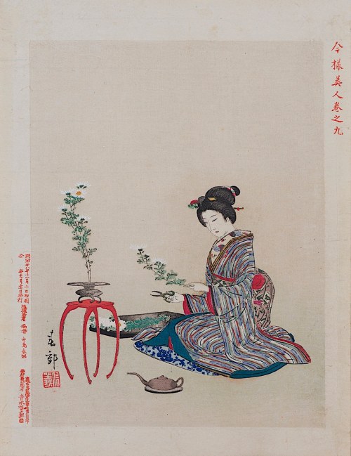 wyd. Aoki Tsunesaburō, Układanie kwiatów z cyklu „Nowoczesne piękności”, Osaka, 1895, Nakajima Shunkō