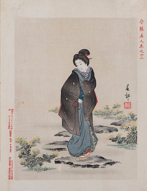 wyd. Aoki Tsunesaburō, Zimą w ogrodzie z cyklu „Nowoczesne piękności”, Osaka, 1895, Nakajima Shunkō