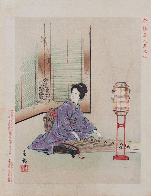 wyd. Aoki Tsunesaburō, Muzykująca kobieta z cyklu „Nowoczesne piękności”, Osaka, 1895, Nakajima Shunkō