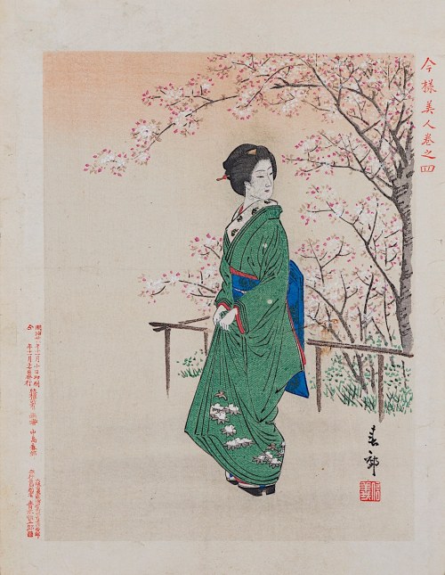 wyd. Aoki Tsunesaburō, Kwiecień - zielone kimono, z cyklu „Nowoczesne piękności”, Osaka, 1895, Nakajima Shunkō