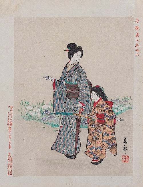 wyd. Aoki Tsunesaburō, Pole irysów z cyklu „Nowoczesne piękności”, Osaka, 1895, Nakajima Shunkō