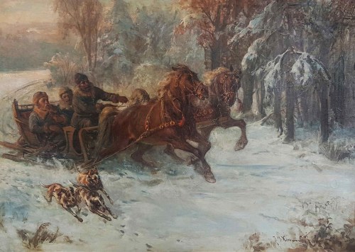 Na saniach, poł. XX w., Jakub Michał Kasprowicz