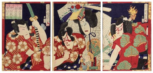 Scena z przedstawienia kabuki - tryptyk, Morikawa Chikashige