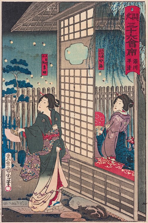 Świetliki - noc w restauracji Hirasei w Fukagawa, z cyklu: Trzydzieści sześć nowoczesnych restauracji, 1878, Toyohara Kunichika