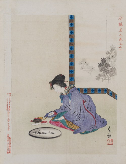 wyd. Aoki Tsunesaburō, Sypanie obrazka z piasku z cyklu „Nowoczesne piękności”, Osaka, 1895, Nakajima Shunkō