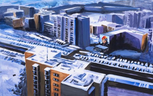 Zimowy Natolin - widok na mural z Zofią Stryjeńską, 2024, Marcin Kędzierski