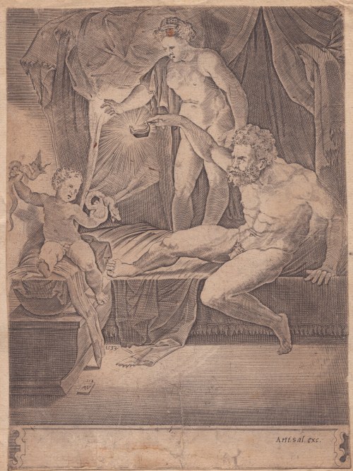 Herakles jako dziecko z Alkmeną i Amfitryonem, Agostino Veneziano