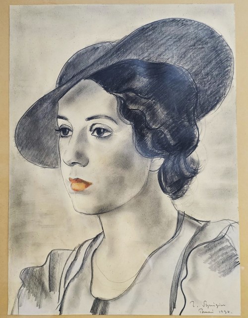 "Portret kobiety w kapeluszu", Poznań, 1936 r., rysunek;, Zygmunt Szpingier