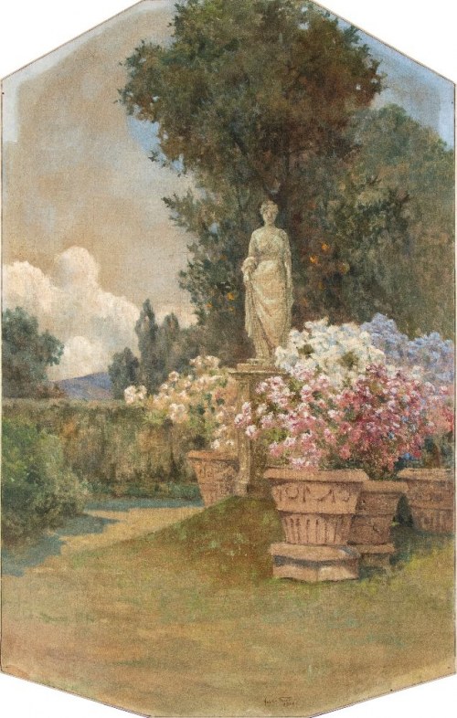 Ogród z posągiem toskańskiej willi, 1906, Adolfo Tommasi