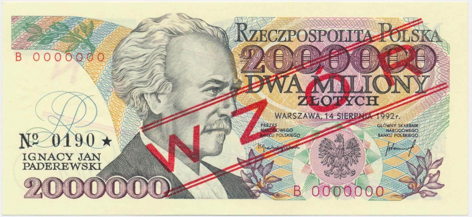 2 Miliony Złotych 1992 WZÓR B 0000000 No.0190 BEZ Błędu - RZADKI