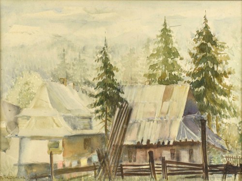 Pejzaż tatrzański z chatami i górami w tle, 1938, Marian Trzebiński