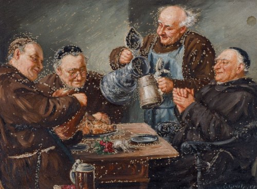MNISI PRZY STOLE, ok. 1920, Eduard von Grützner - Według