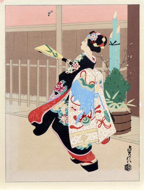 wyd. Uchida, Maiko grająca paletką, Japonia, lata 40. XX w., Hasegawa Sadanobu III