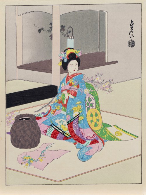 wyd. Uchida, Maiko układająca kwiaty, Japonia, lata 40. XX w., Hasegawa Sadanobu III